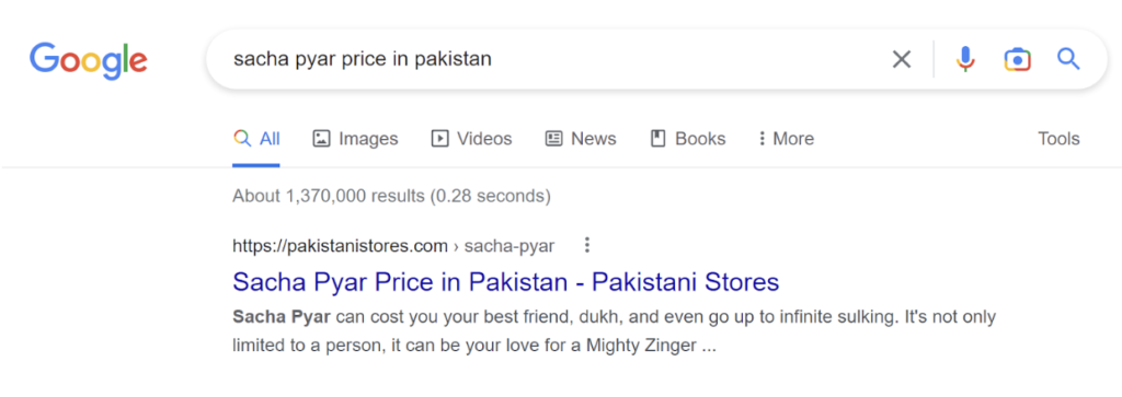 Sacha Pyar price in Pakistan ranked first on Google